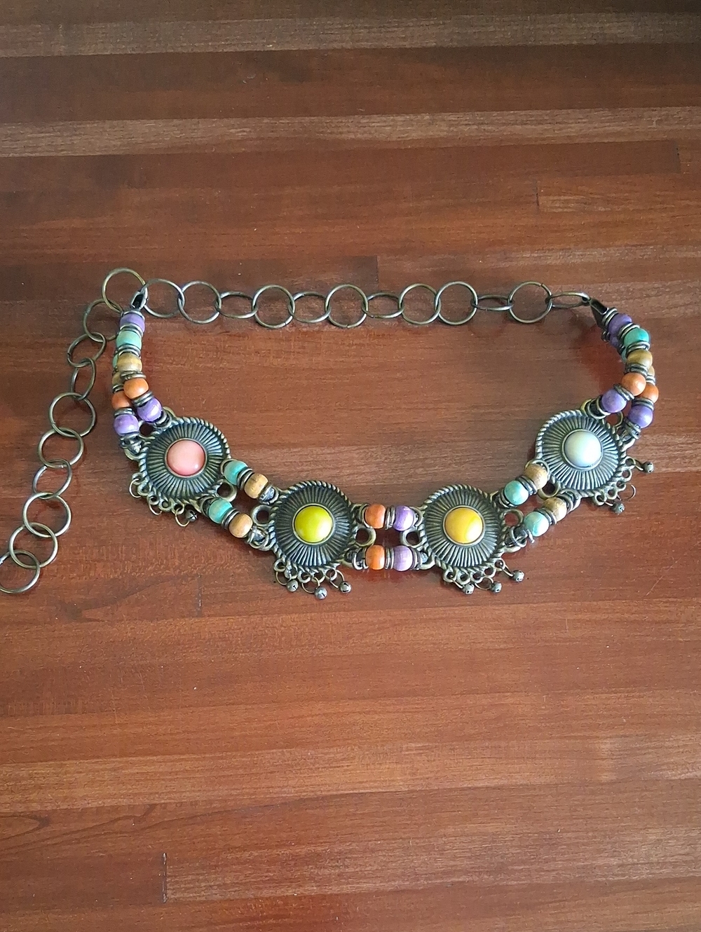 Boho Hippie Gypsy Chunky Metal Brass Multicolor Stone Wood Beaded Statement Belt